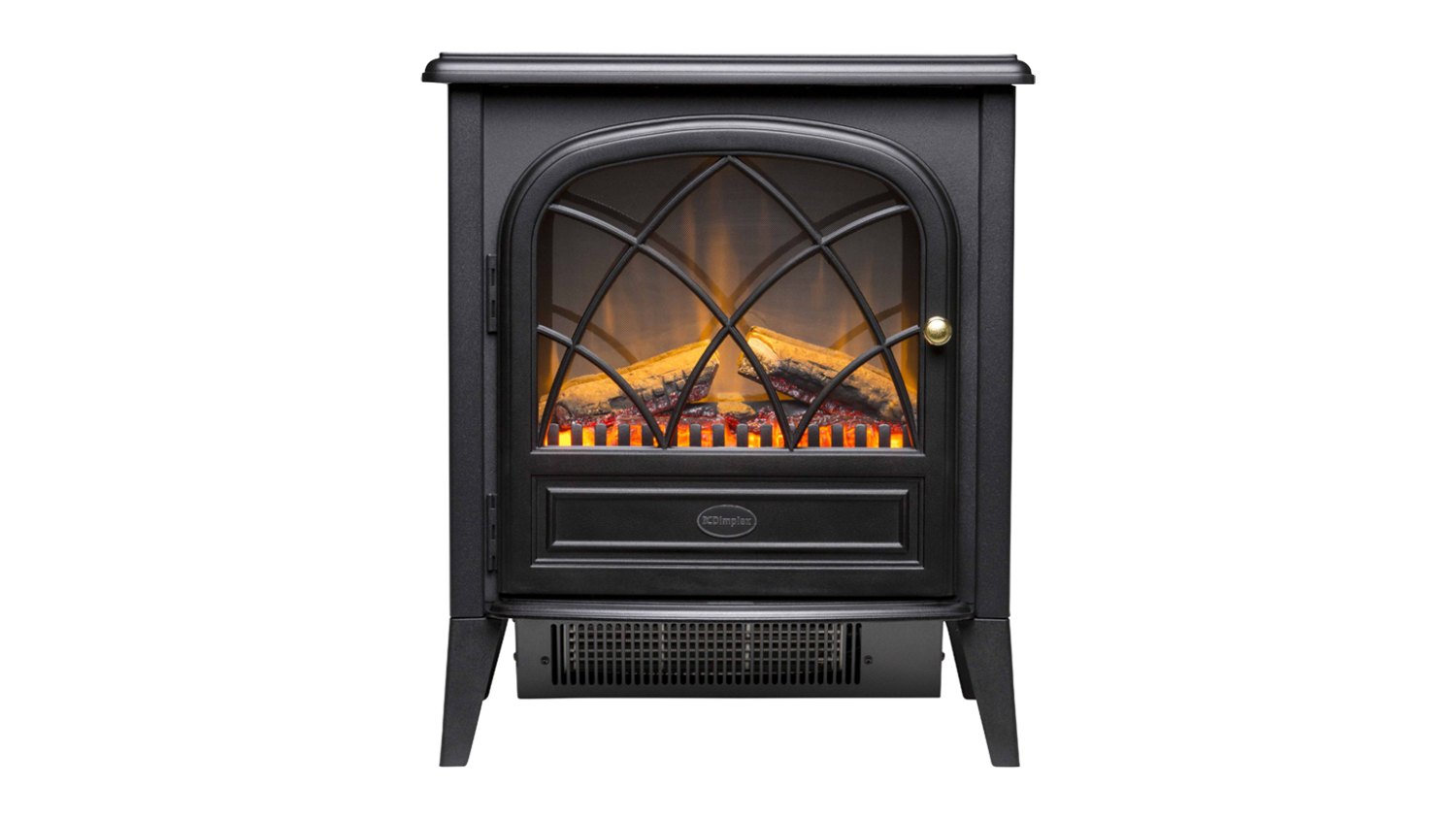 Black Dimplex Ritz 2kW Optiflame portable electric fireplace with an arched glass door and glowing simulated logs and flame effect