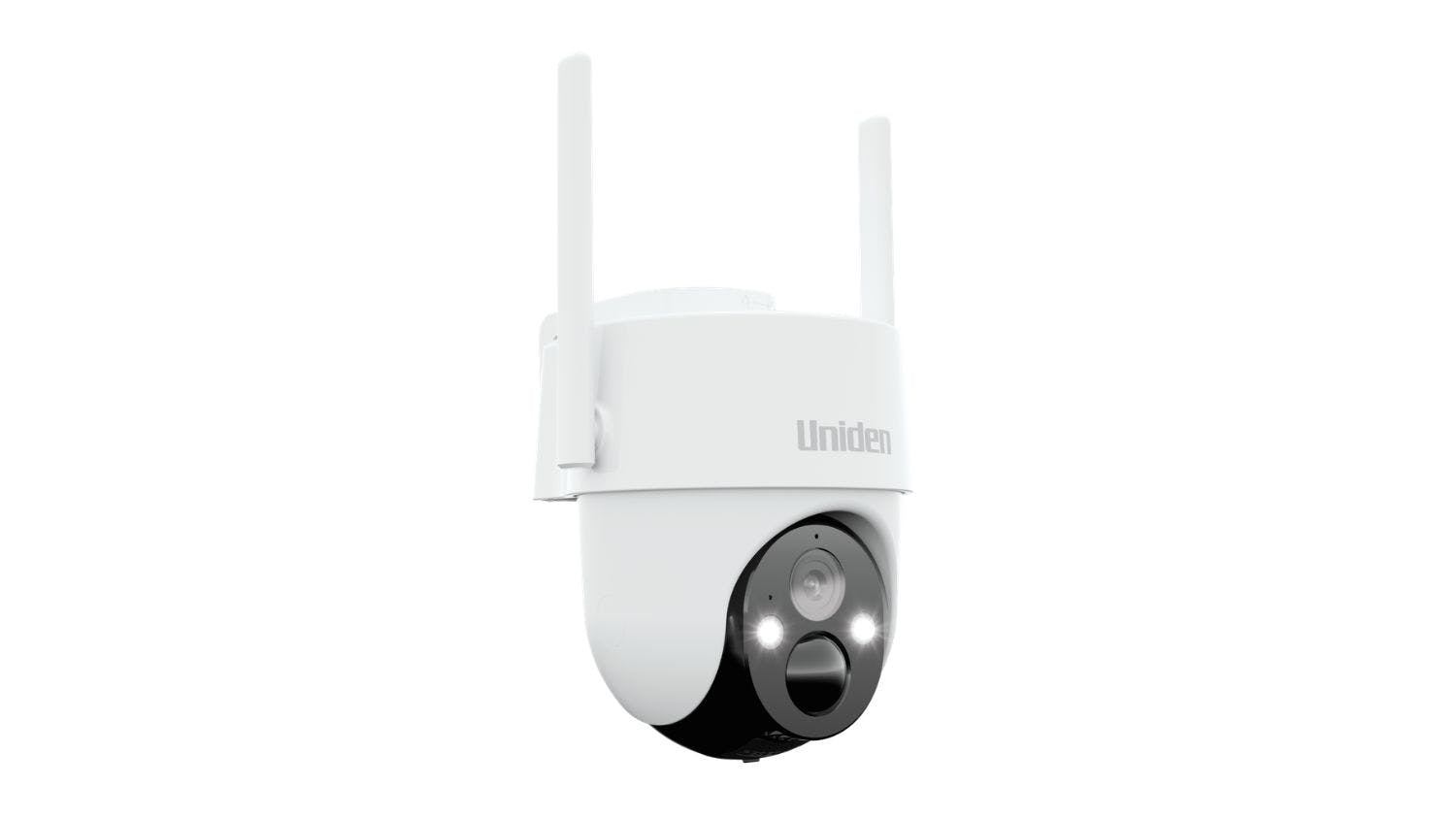Uniden outdoor wireless security camera with dual antennas mounted beside a solar panel, featuring a PTZ lens and night vision LEDs