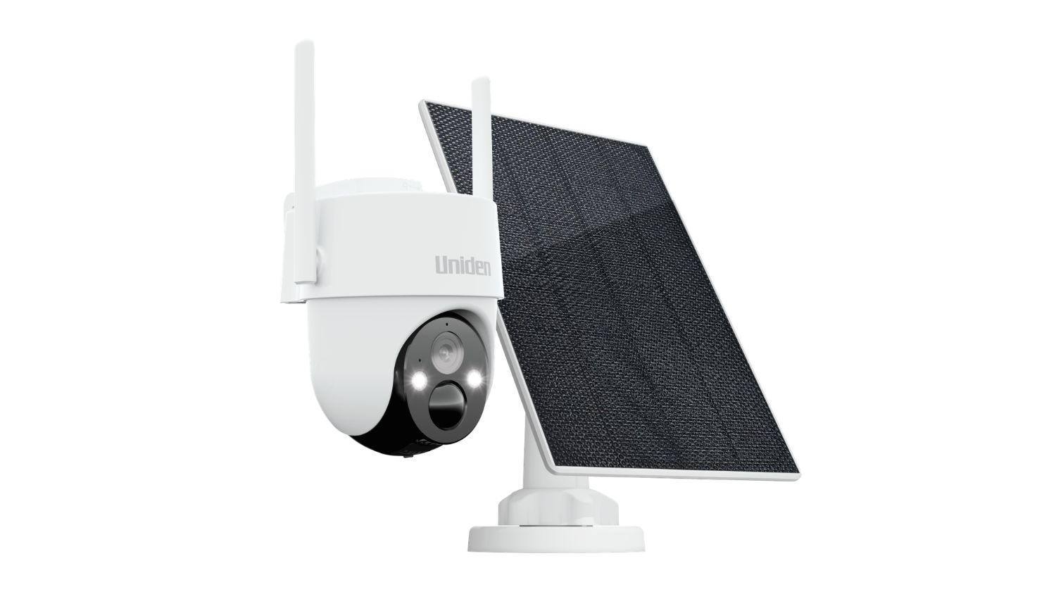 Uniden outdoor wireless security camera with dual antennas mounted beside a solar panel, featuring a PTZ lens and night vision LEDs