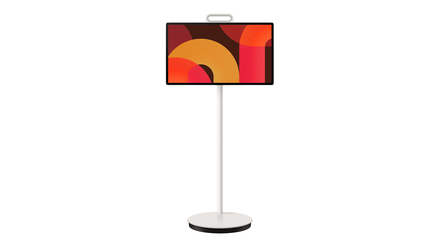 A front view of the Samsung Smart Monitor with slim bezels and a vibrant abstract display on a minimalist white stand