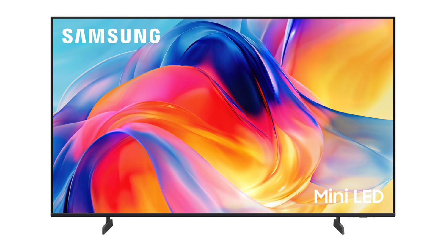 Front view of a Samsung 43" M70H Smart 4K Mini-LED AI TV displaying vivid abstract colours with ultra-thin bezels