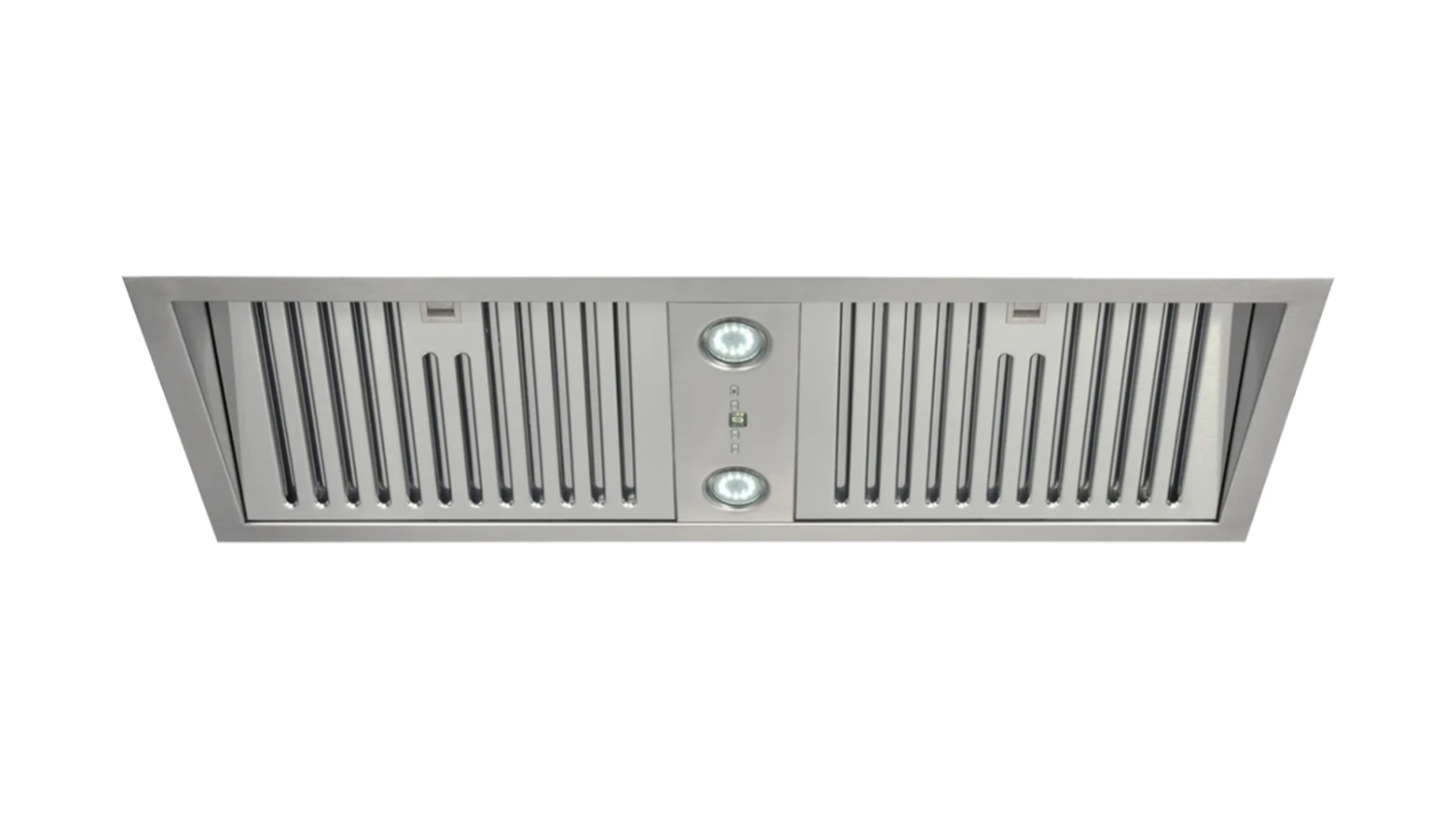 Stainless steel Schweigen 90cm Silent Undermount Rangehood with dual LED lights, centre controls, and slotted ventilation panels