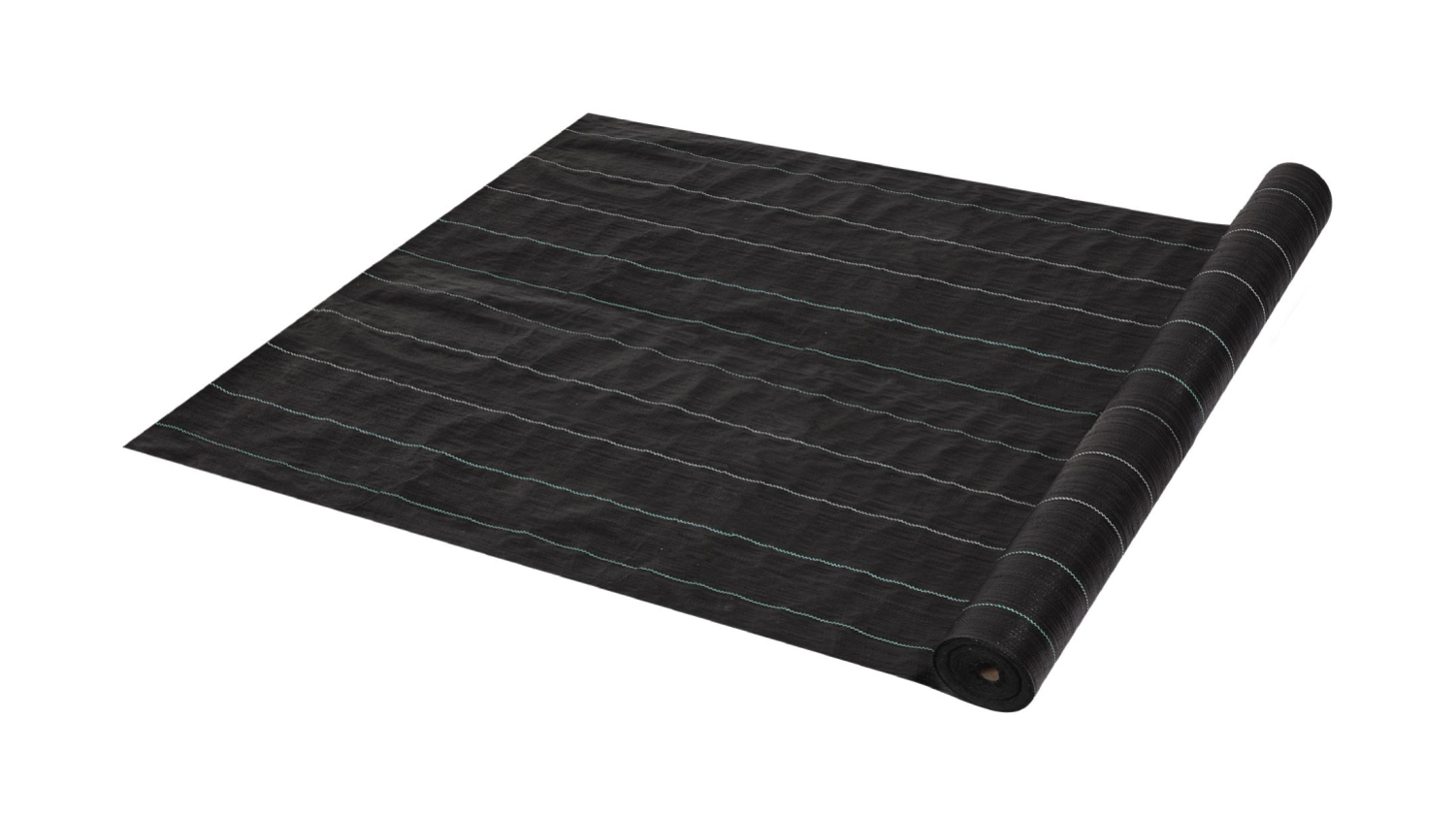 Roll of black Lambu Garden weed control fabric, partially unrolled, with thin green stripes