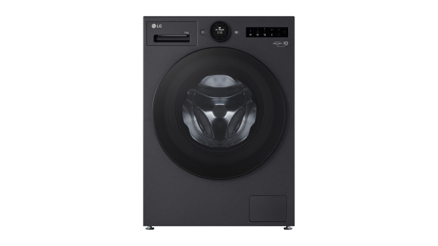 Front view of a dark graphite LG Series 10 12kg front-load washing machine with a large circular door and a top control panel