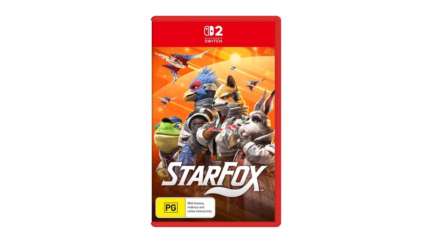 A packaging for Star Fox Nintendo Switch 2 cover art featuring Fox McCloud team with Arwings flying behind, and a PG rating at the bottom panel