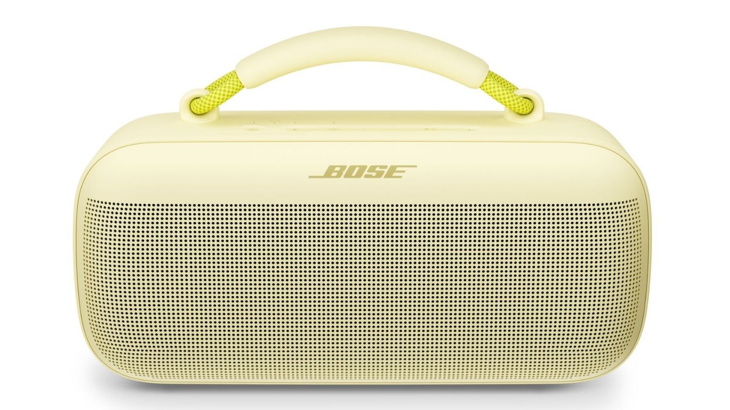 A front view of the Bose SoundLink Max portable Bluetooth speaker in soft yellow with a metal grille and built‑in carry handle