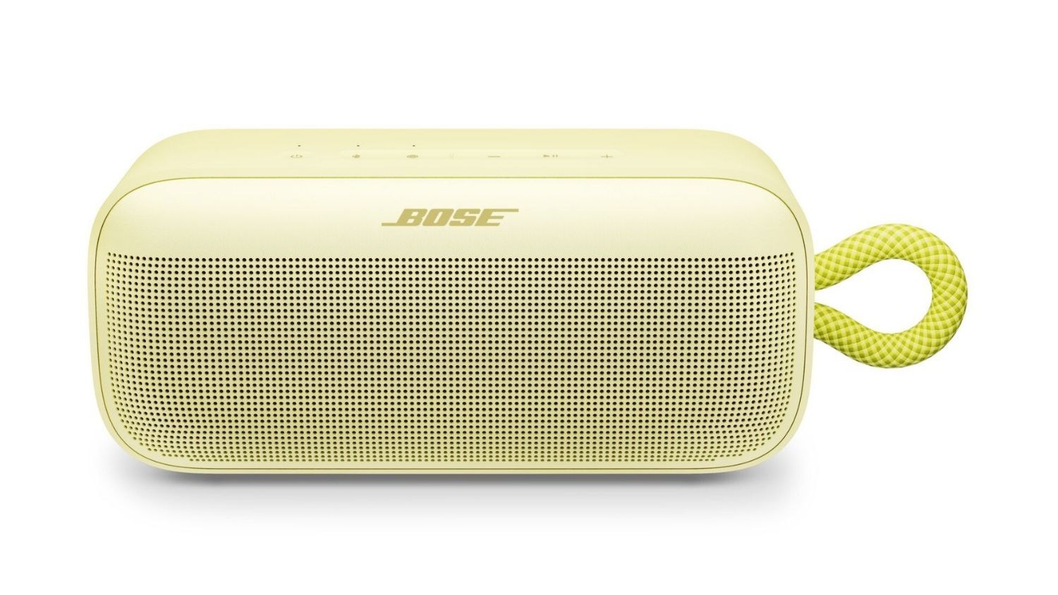 A front view of the Bose SoundLink Plus portable Bluetooth speaker in soft yellow finish, showing the metal grille and compact design