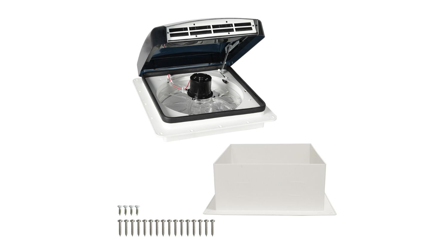 Complete set of the Manan Caravan Roof Vent with Fan includes cover, mounting box, and screws