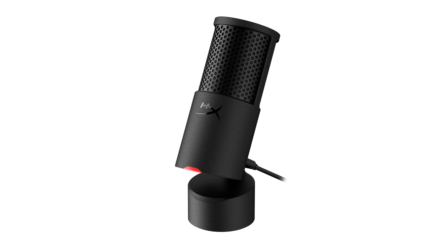 Black condenser HyperX SoloCast 2 USB-C microphone on a stand with a hex mesh grille, angled, with a red LED glow and cable attached