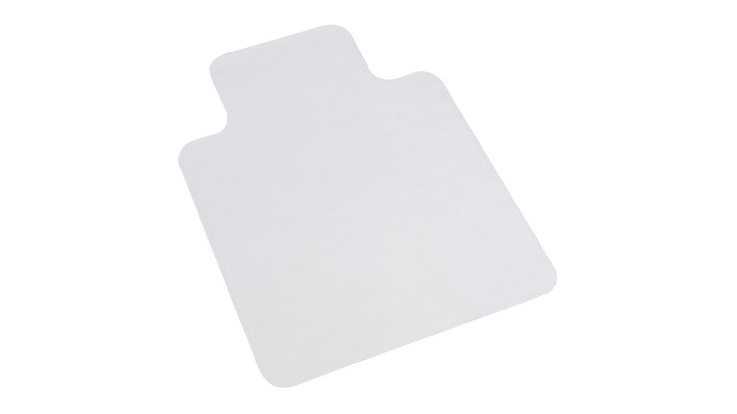 A left-angled view of the Marlow square PVC chair mat with rounded corners and a clear finish
