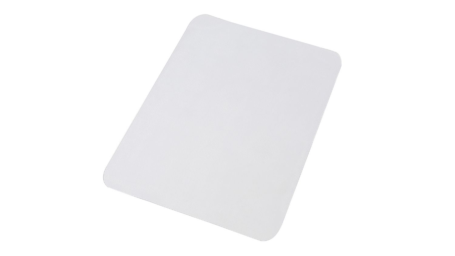 Angled view of the Marlow square chair mat with rounded corners, clear PVC material, and subtle pin texture