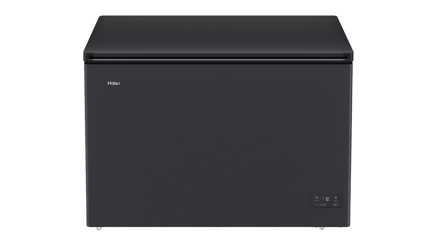 Black Haier 500 Series 294L Hybrid chest freezer, front view with top lid closed and a small digital control panel on the lower right