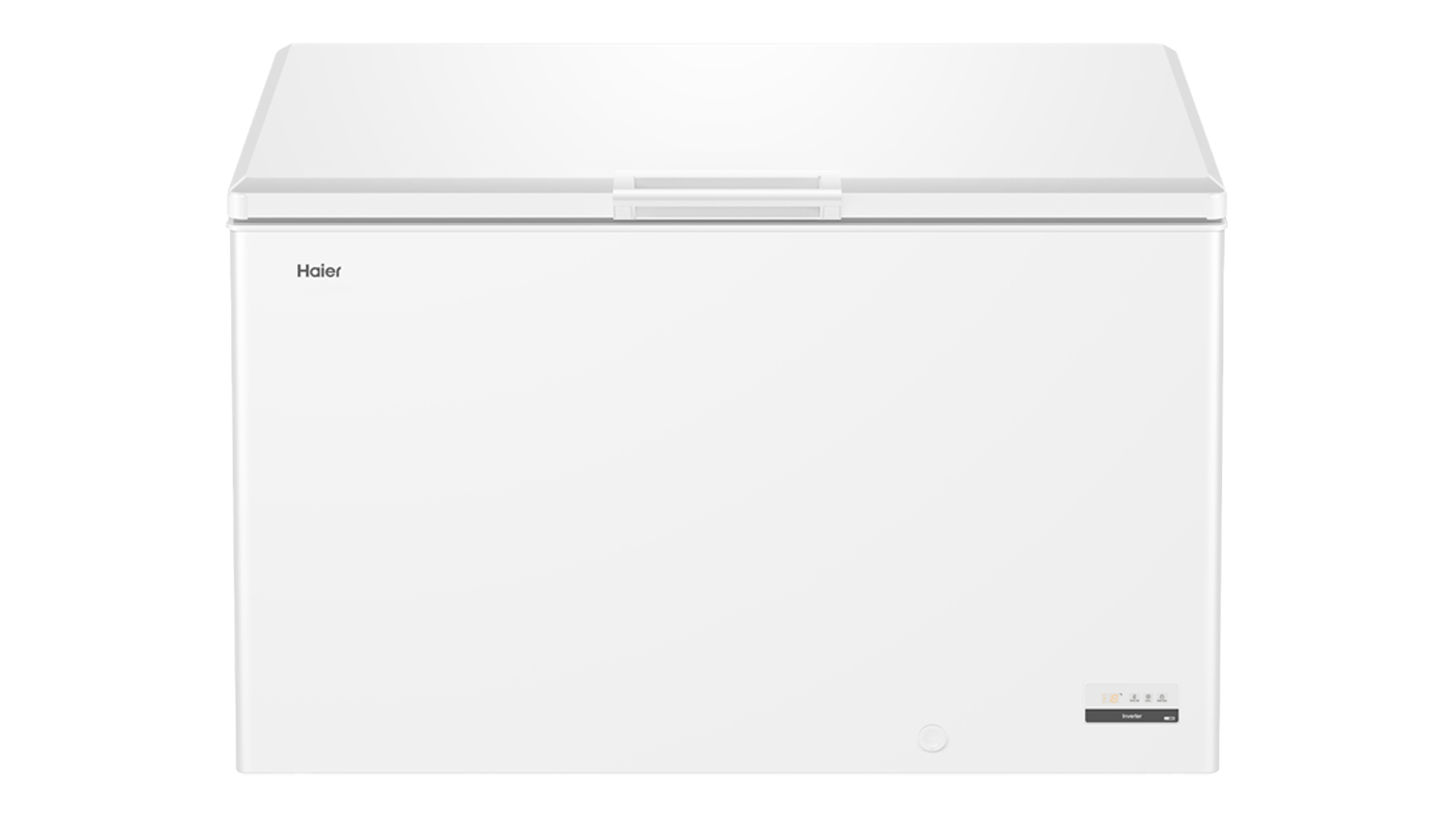 Front view of the Haier 300 Series 418L Hybrid Chest Fridge/Freezer in white colour