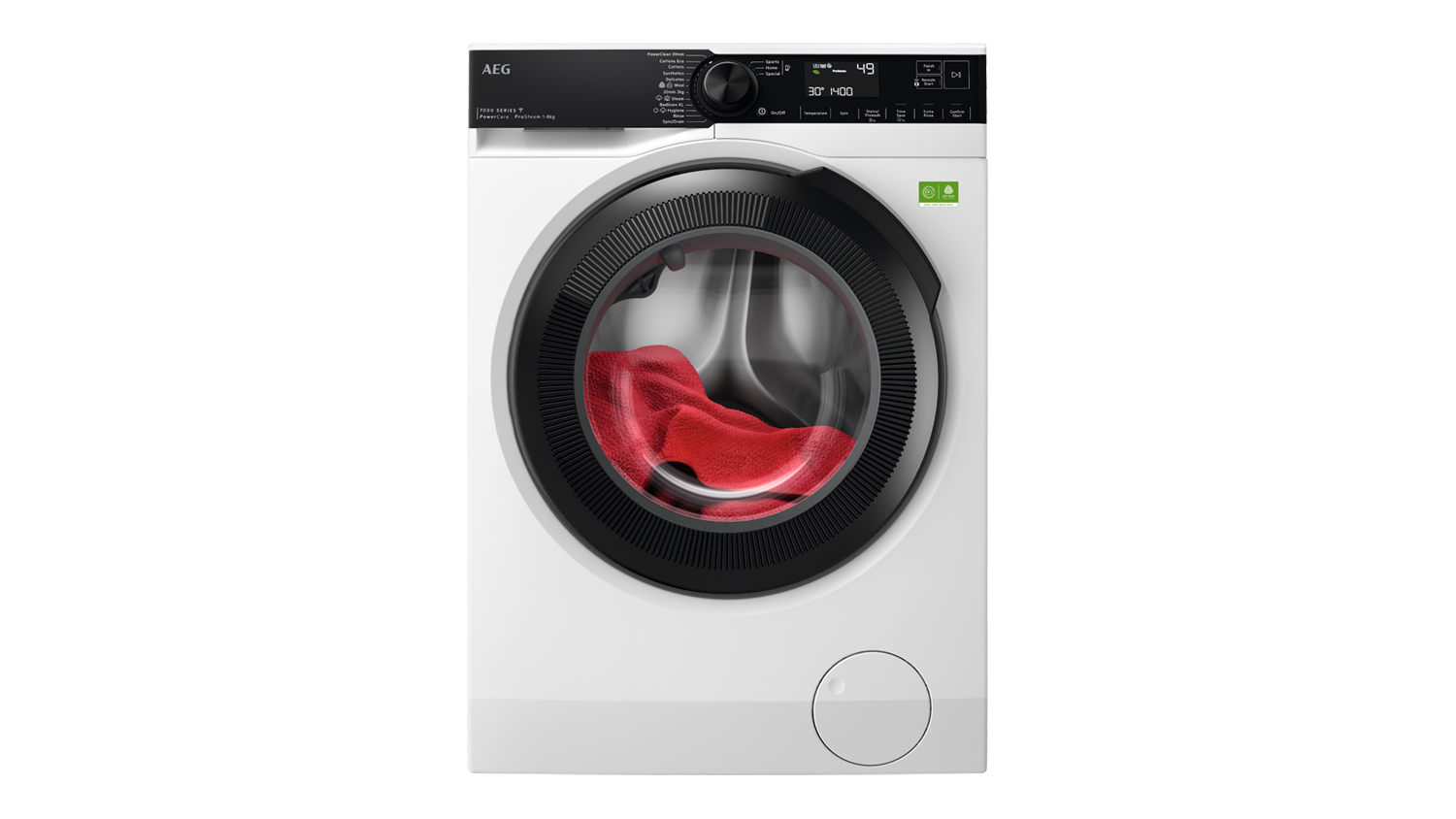 Front view of the AEG 7000 Series 8kg front load washing machine in white