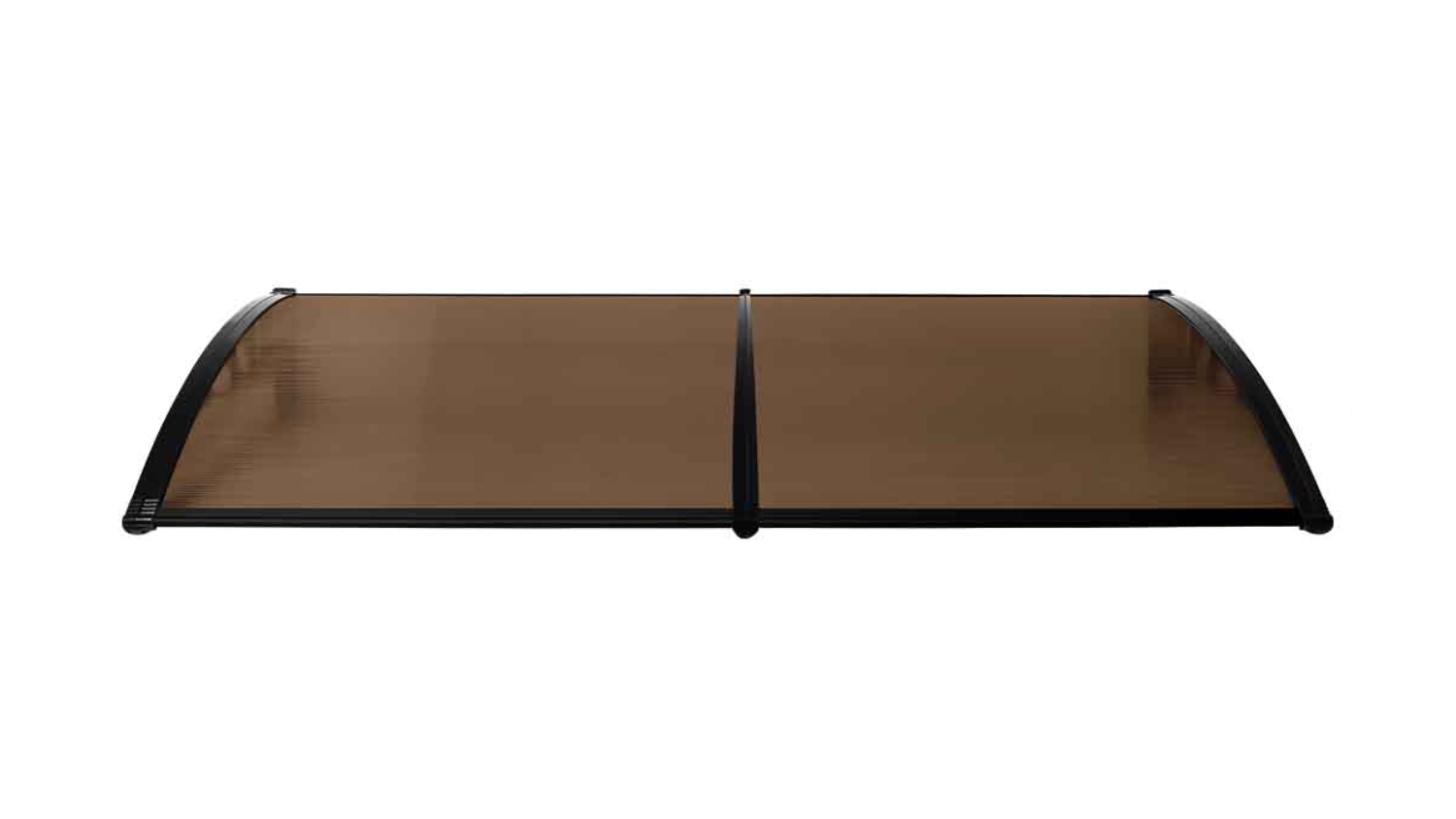 Flat view of a brown, curved Mountview outdoor awning with a black frame and central support bracket