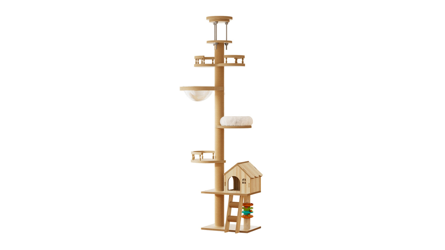 A tall wooden cat tree measuring 250–280 cm, featuring platforms, a hammock, a scratching post, and a small house
