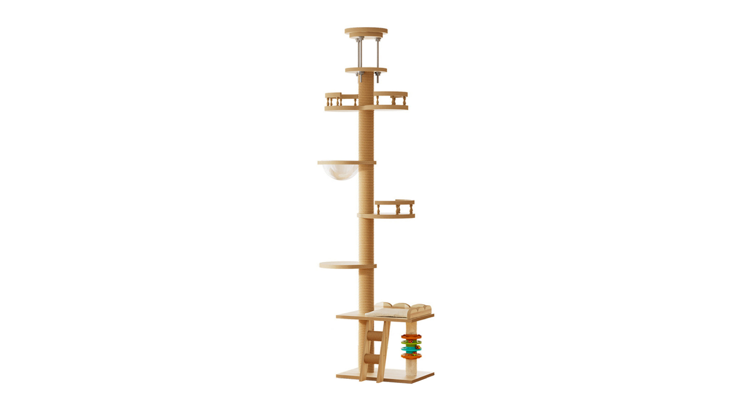 A floor-to-ceiling wooden cat tree (250–280 cm, model PR100076) with multiple platforms, rope posts, a hammock, a ladder, and a hanging toy