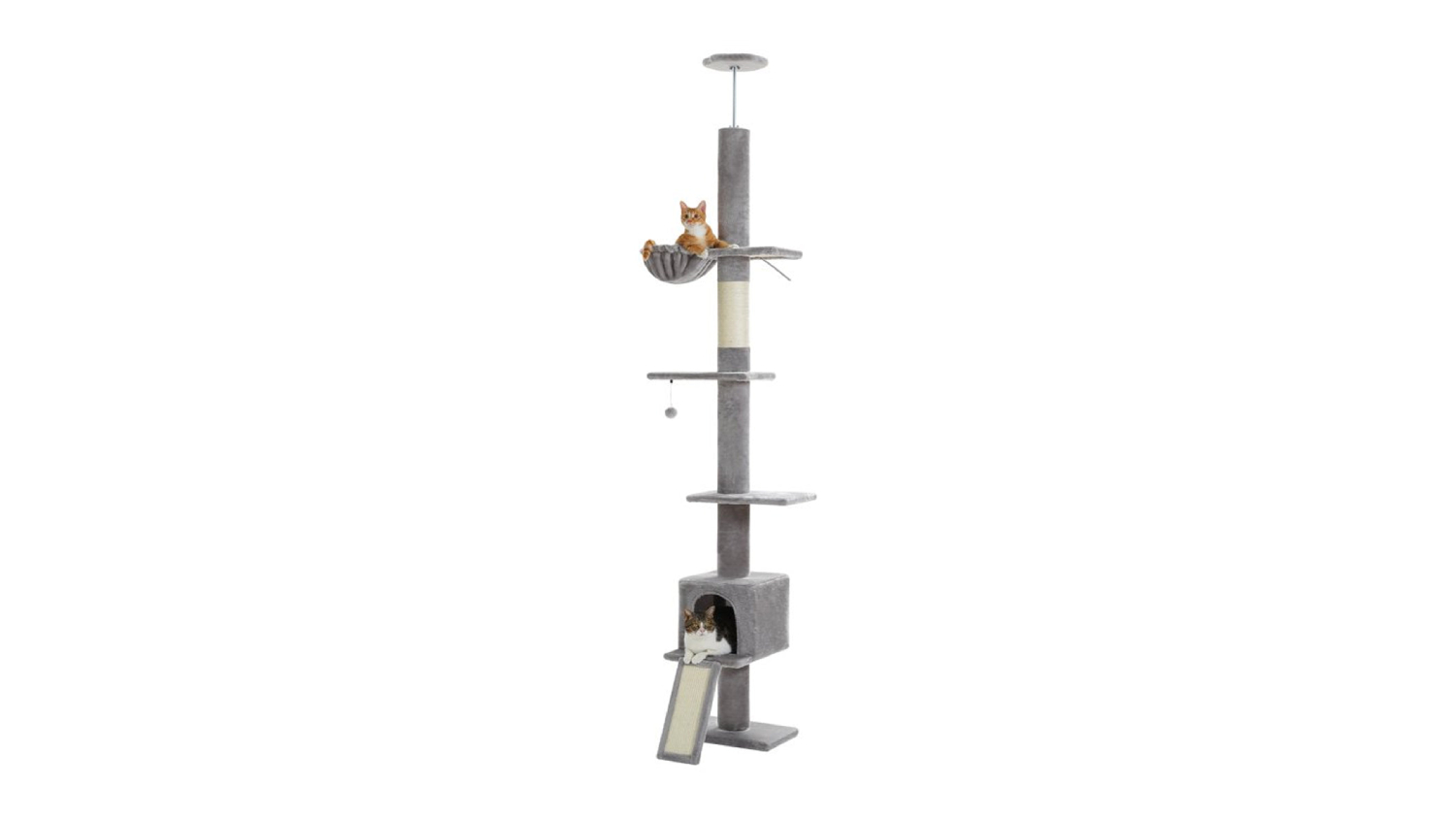 A tall grey cat tree with multiple platforms; one cat rests in a top hammock, while another sits in the base cubby