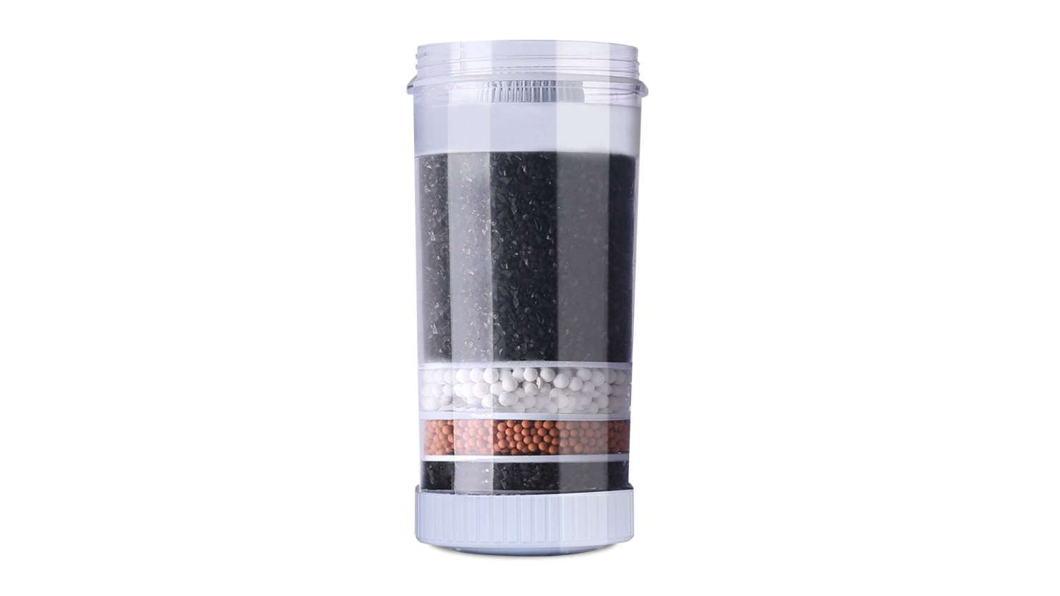 A transparent cylindrical Devanti water filter cartridge showing layered black, white, and brown filtration media
