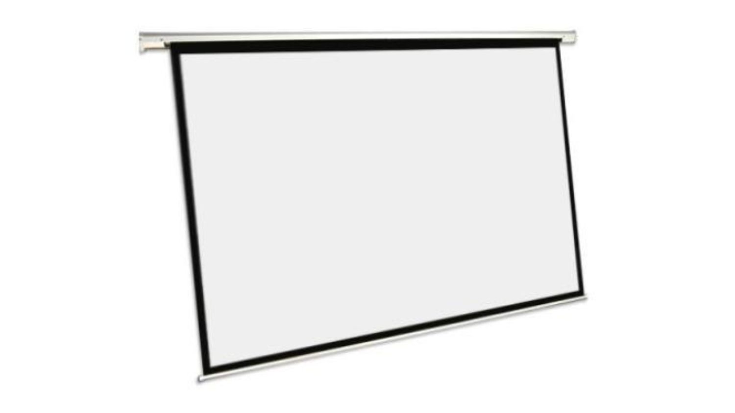Angled side view of a plain manual projector screen
