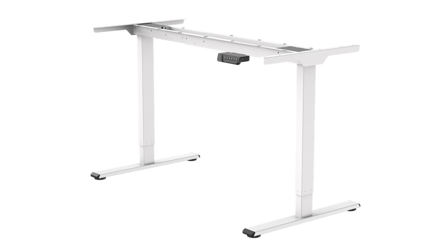 A white height-adjustable desk frame with dual legs and a control panel, shown without a tabletop