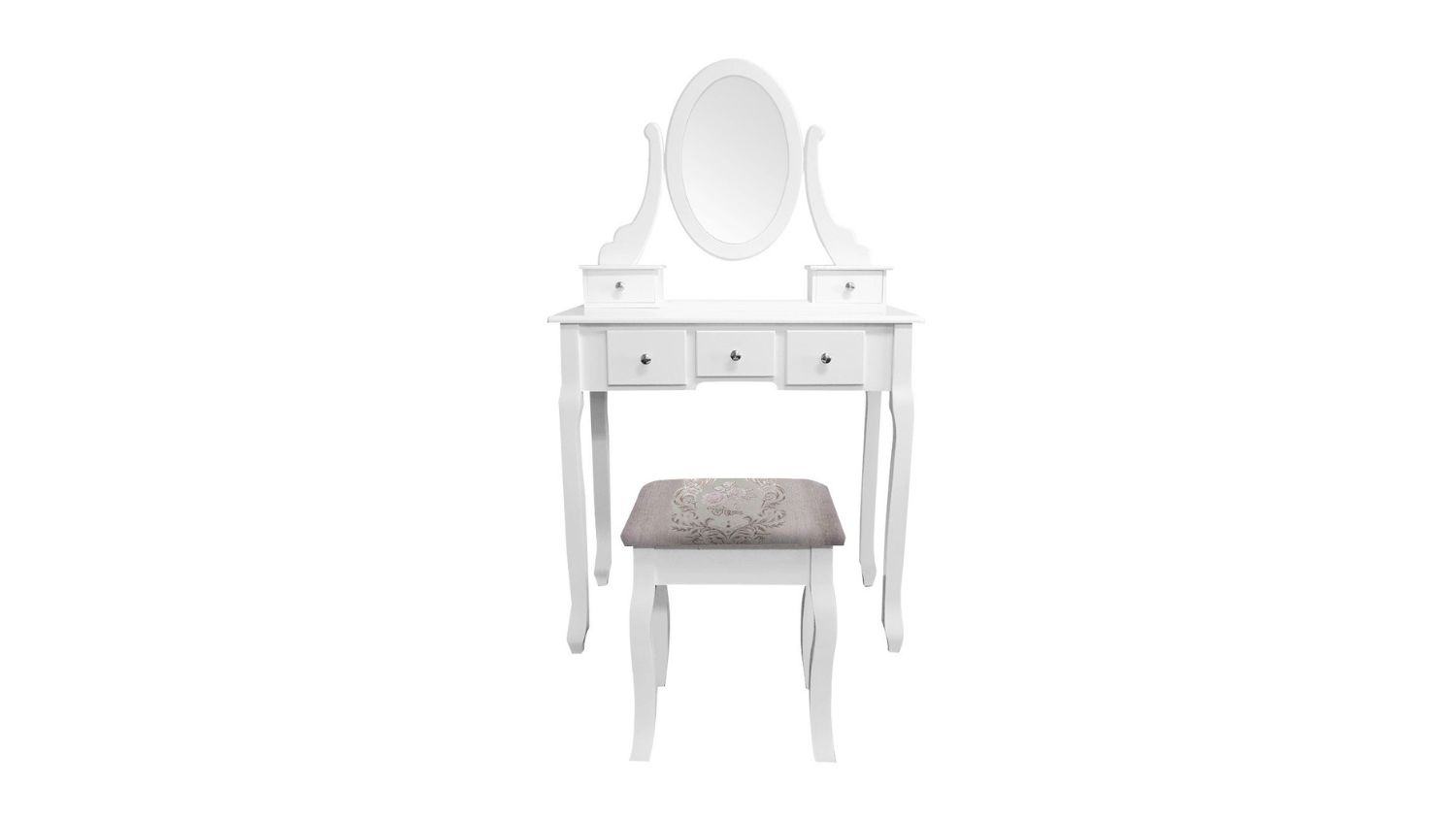 White vanity table with oval mirror, five drawers, and cushioned stool