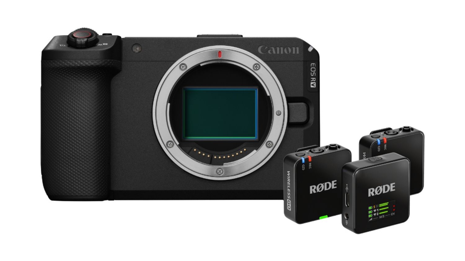 Canon EOS R6 V mirrorless camera body with RODE Wireless GO microphone system including receiver and two transmitters on the side