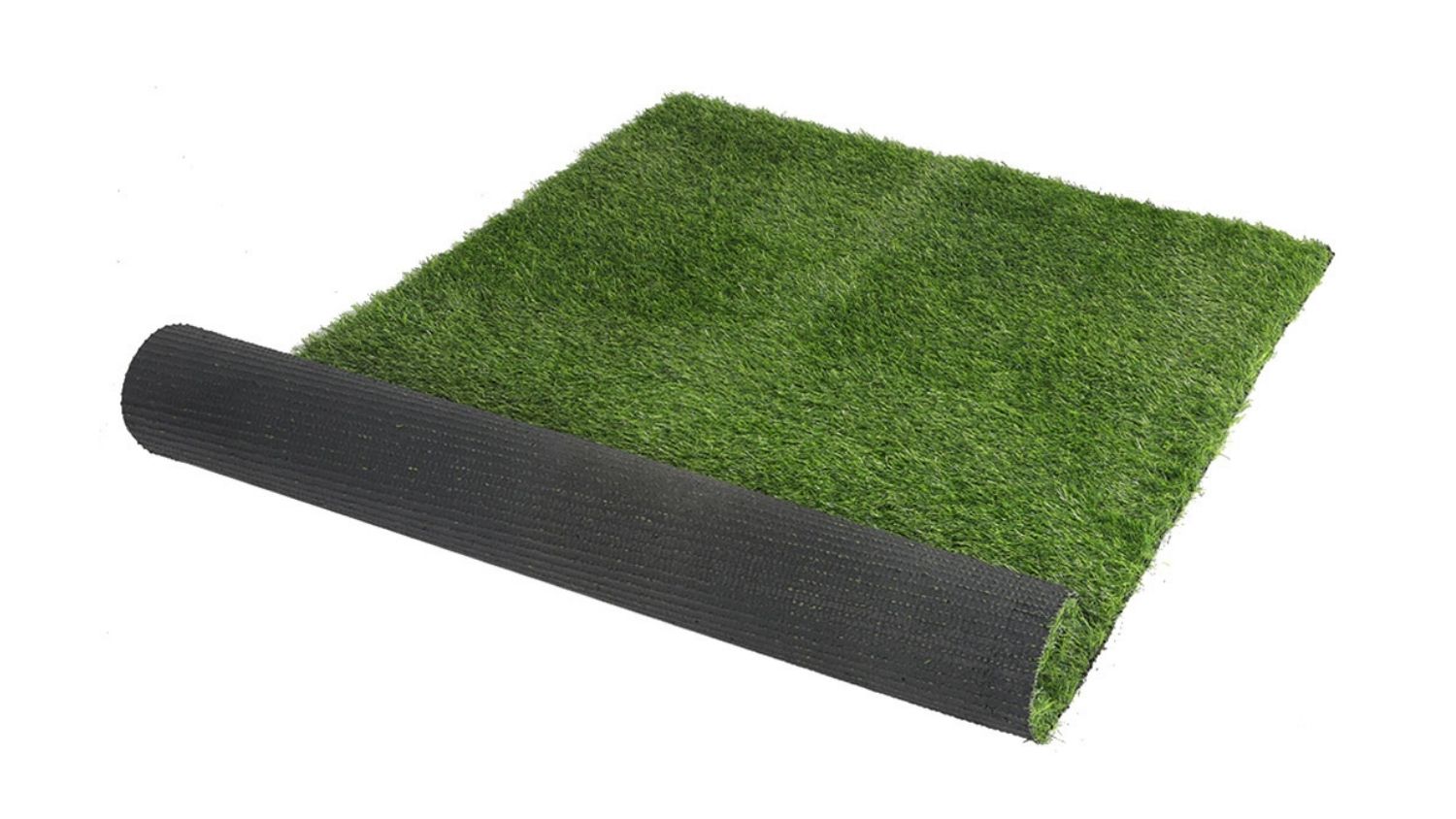 An angled view of rolled Marlow artificial grass showing green turf surface and black backing