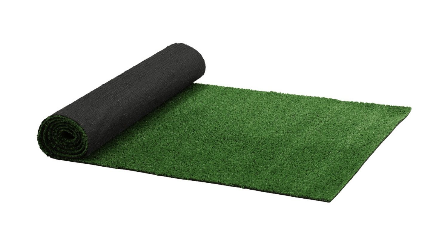 An angled view of rolled Marlow artificial grass showing green turf surface and black backing