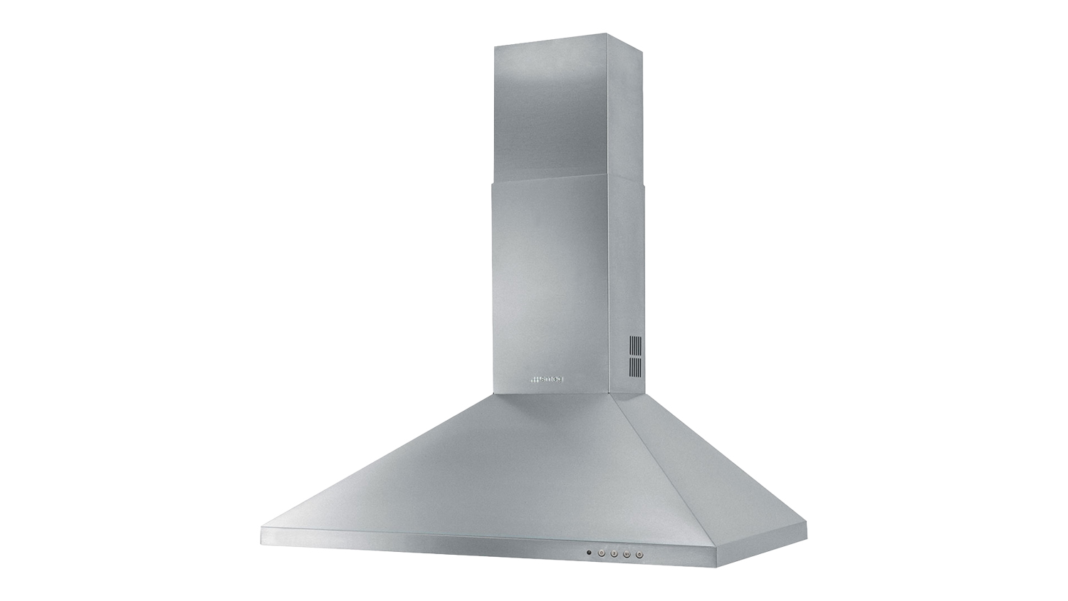 Front view of a stainless steel wall-mounted kitchen range hood with a pyramid canopy and chimney