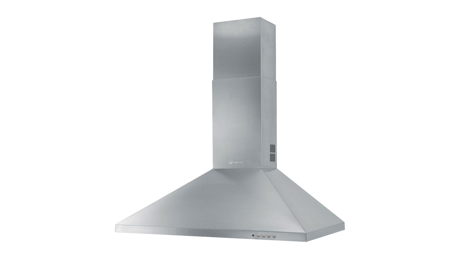 Front view of a stainless steel wall-mounted kitchen range hood with a pyramid canopy and chimney