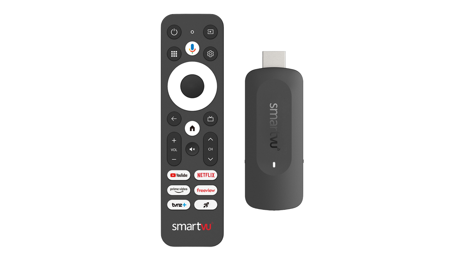 Front view of the SmartVU Android TV Streaming Dongle with Remote