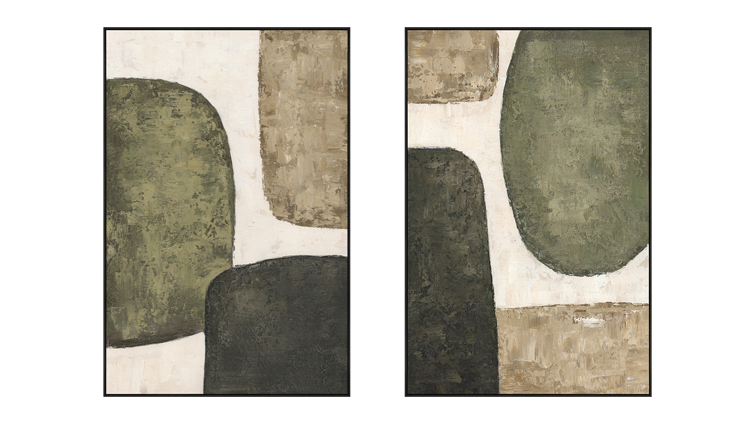 An earthbound canvas with textured green and earthy shapes against a neutral background, resembling layered organic forms