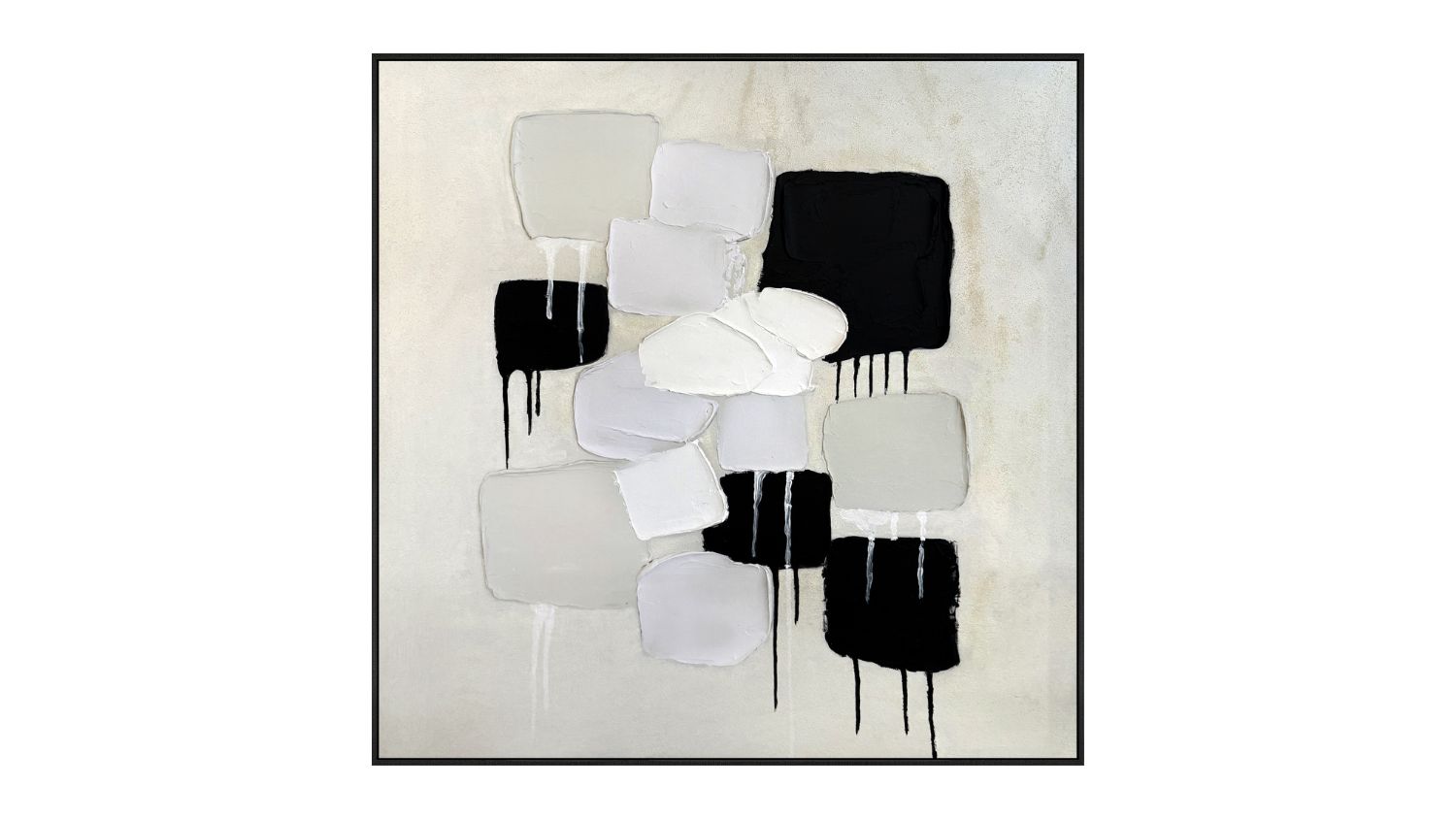 Abstract applique painting with textured white and black layered shapes and dripping paint