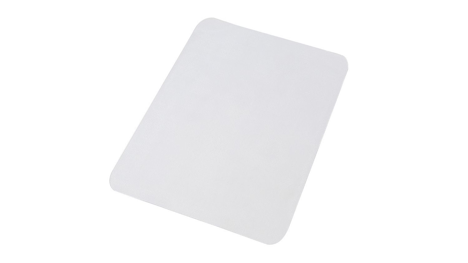 A left-angled view of the Marlow square PVC chair mat with rounded corners and a clear finish