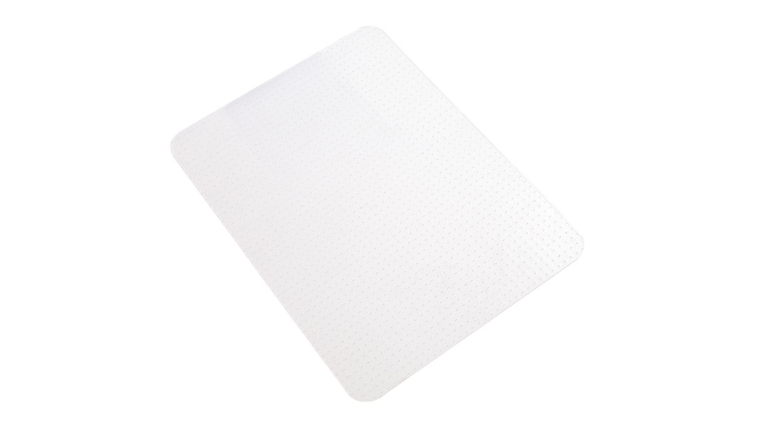 Angled view of the Marlow square chair mat with rounded corners, clear PVC material, and subtle pin texture