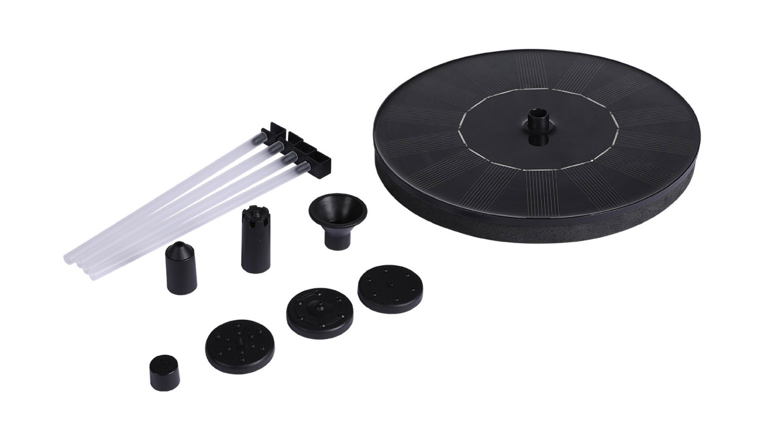 Marlow solar fountain kit parts: round panel, tubes, connectors, and multiple nozzle heads