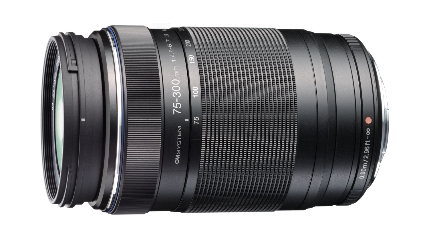 Angled view of the OM System Olympus M.Zuiko Digital ED 75–300mm f/4.8–6.7 II lens