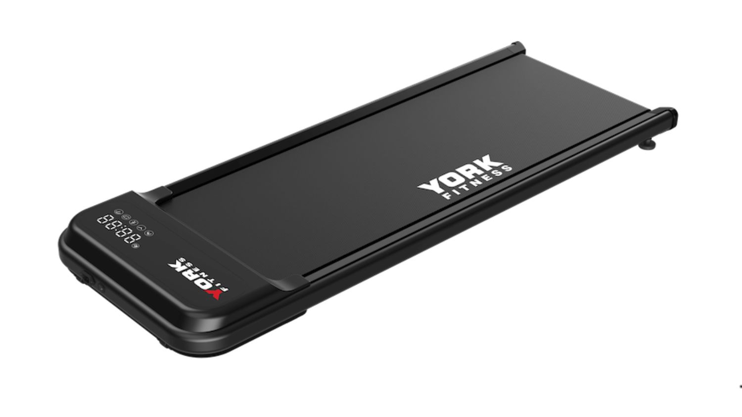 Top angled view of York Walking Pad Treadmill featuring a slim, ultra‑compact design with a durable walking belt and an integrated display