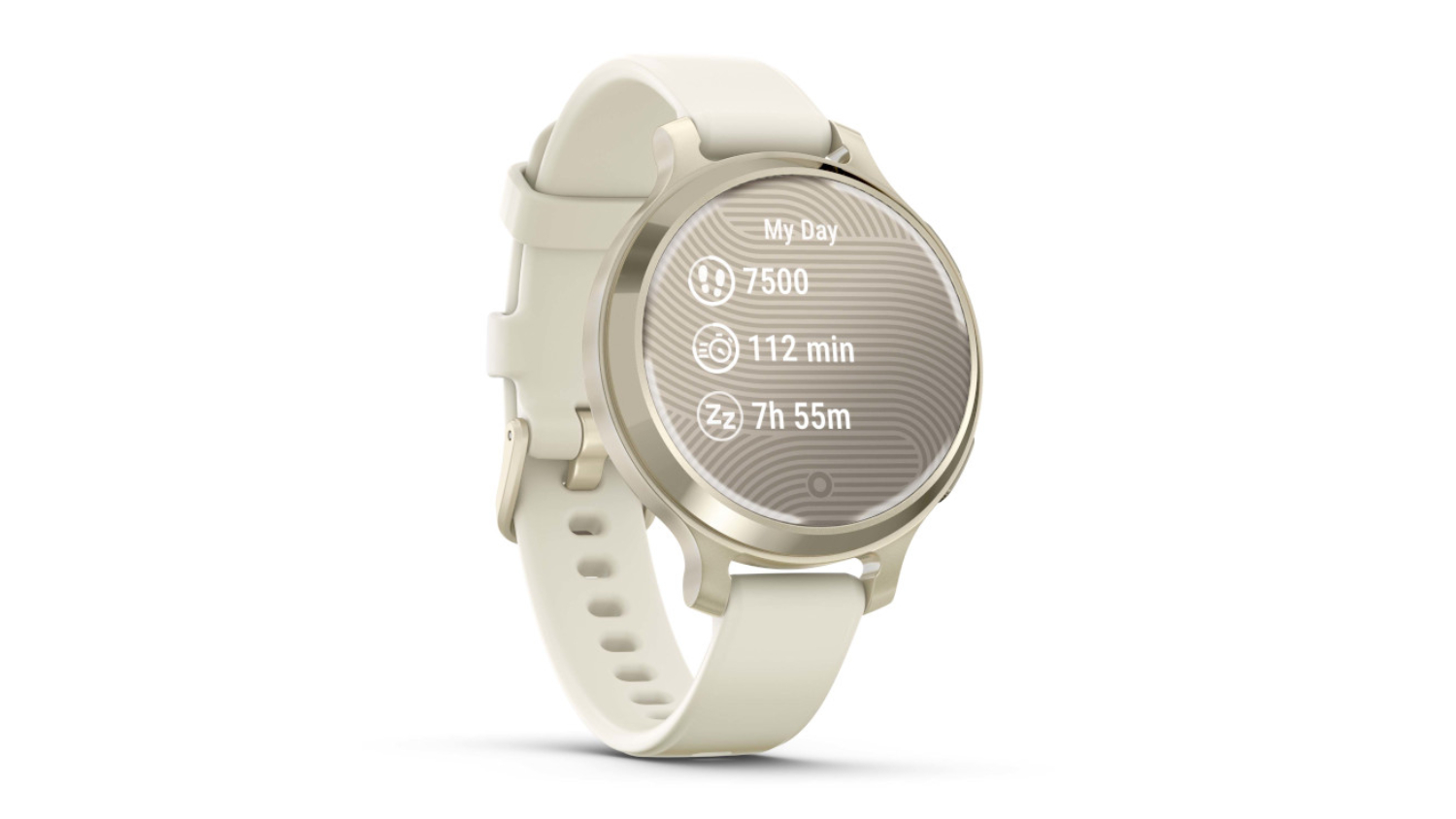 Garmin Lily 2 Active Smartwatch showing daily stats: 7,500 steps, 112 active minutes, and 7h 55m of sleep