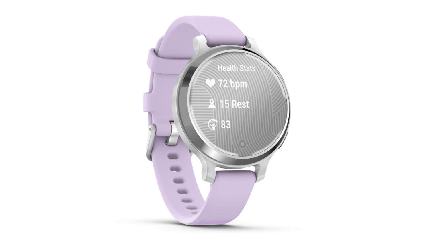Silver Case and Purple Jasmine smartwatch with a round face showing health stats, including heart rate, rest, and activity score