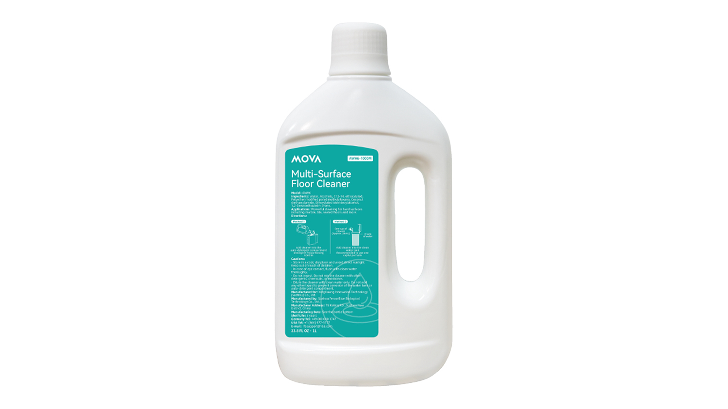 1 litre White MOVA multi-surface floor cleaner bottle with teal label and handle