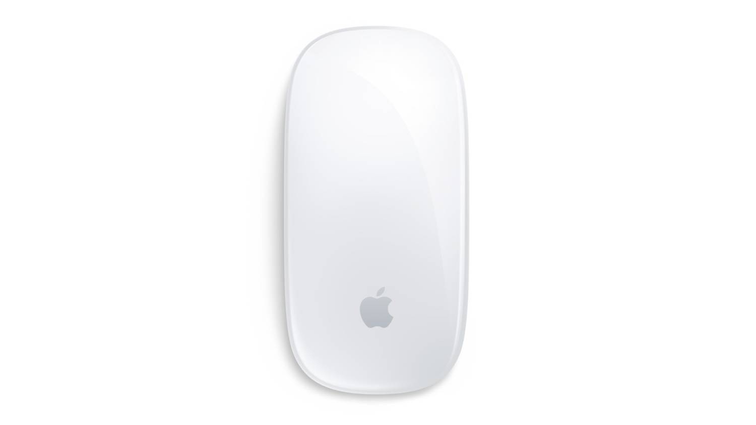 Top view of a white Apple Magic Mouse with a smooth, glossy surface and minimalist design