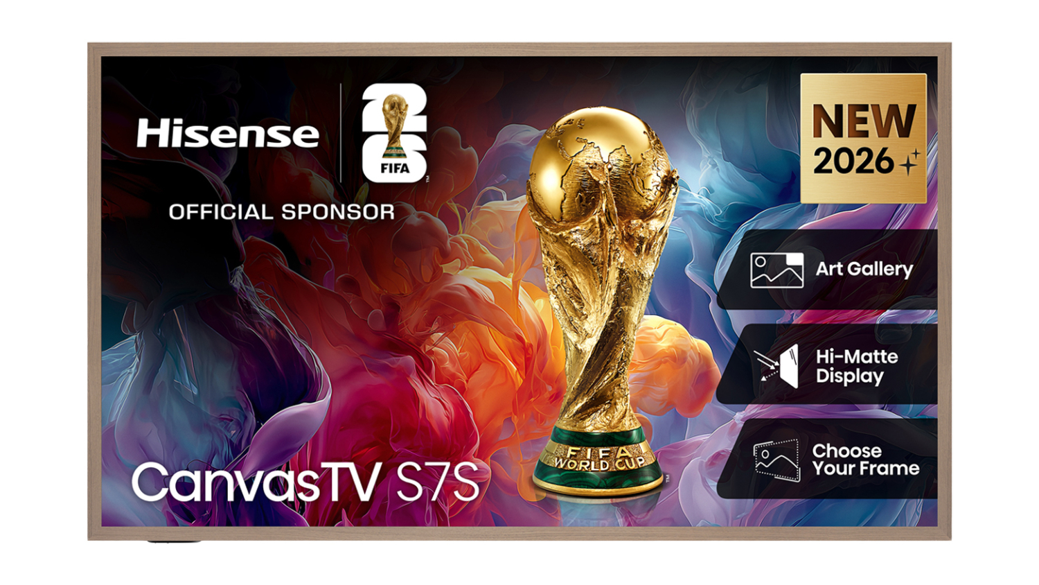 Hisense 65" Canvas TV ad featuring the FIFA World Cup trophy, a colourful abstract background, and "Official Sponsor 2026" text