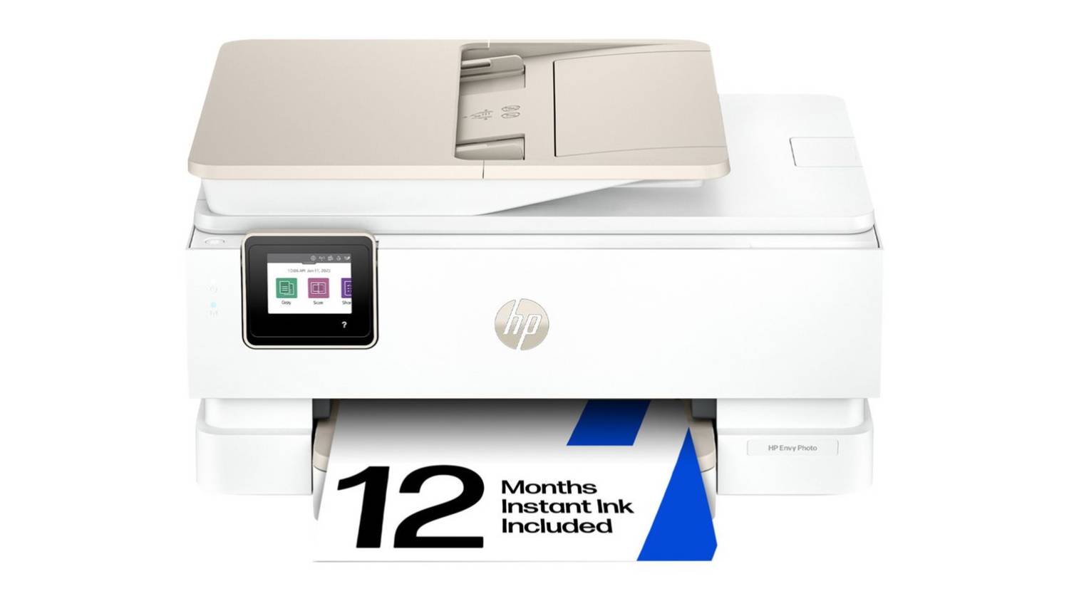Front view of the HP Envy Photo 7930 all-in-one printer in white with beige accents