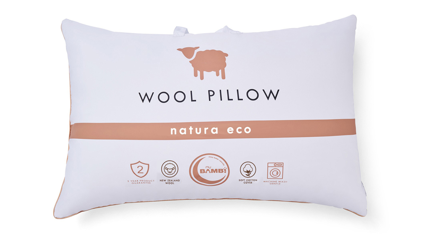 Front view of the Natura Eco Medium Wool Pillow by Bambi in white