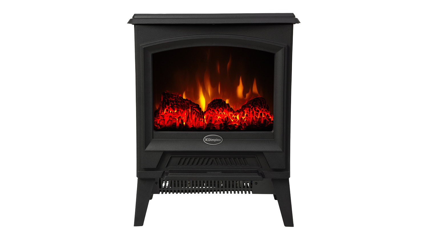 Black portable electric fireplace with a compact stove-style design
