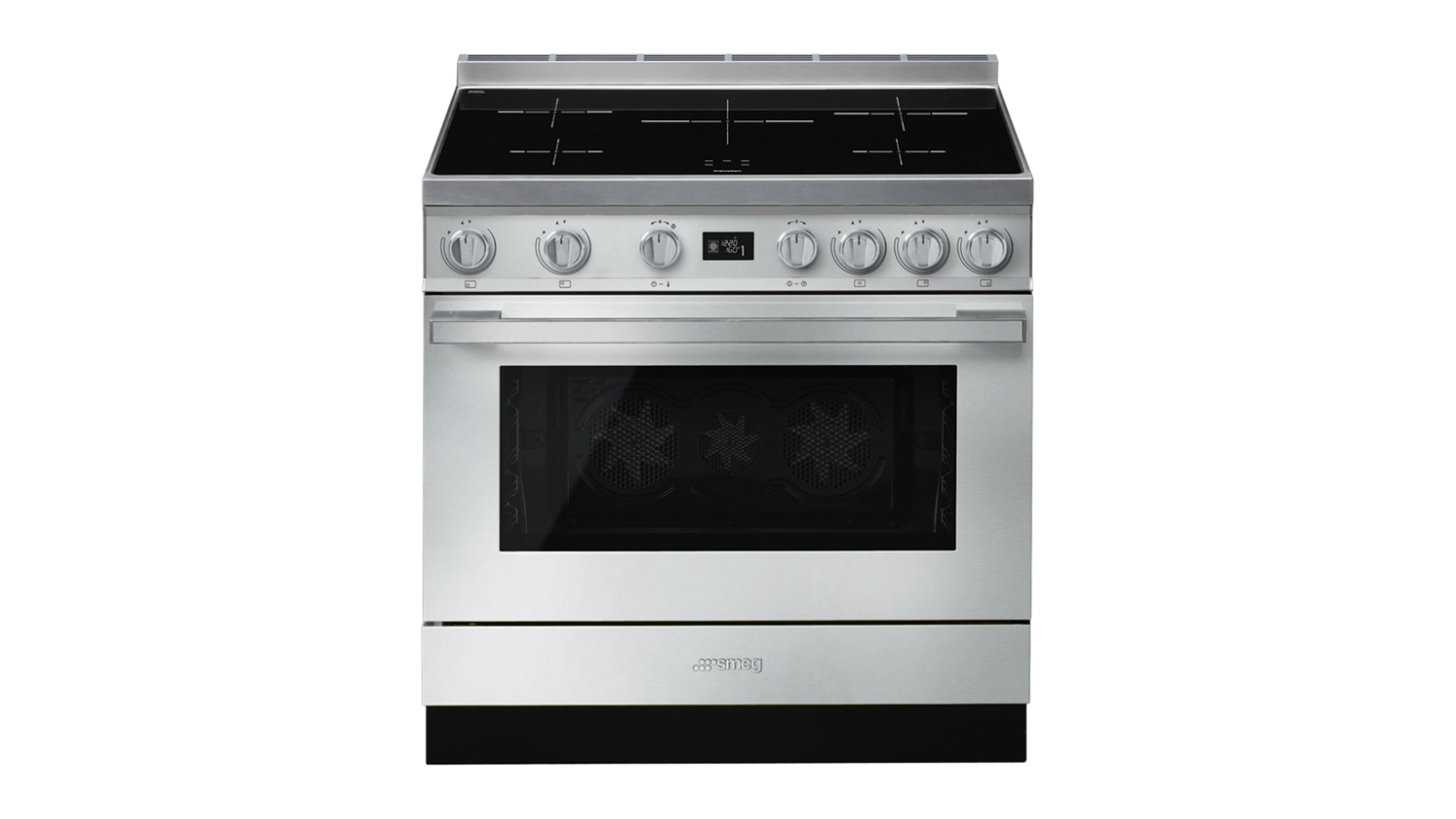 Front view of a stainless steel Smeg Portofino 90cm freestanding oven with digital controls and a glass cooktop