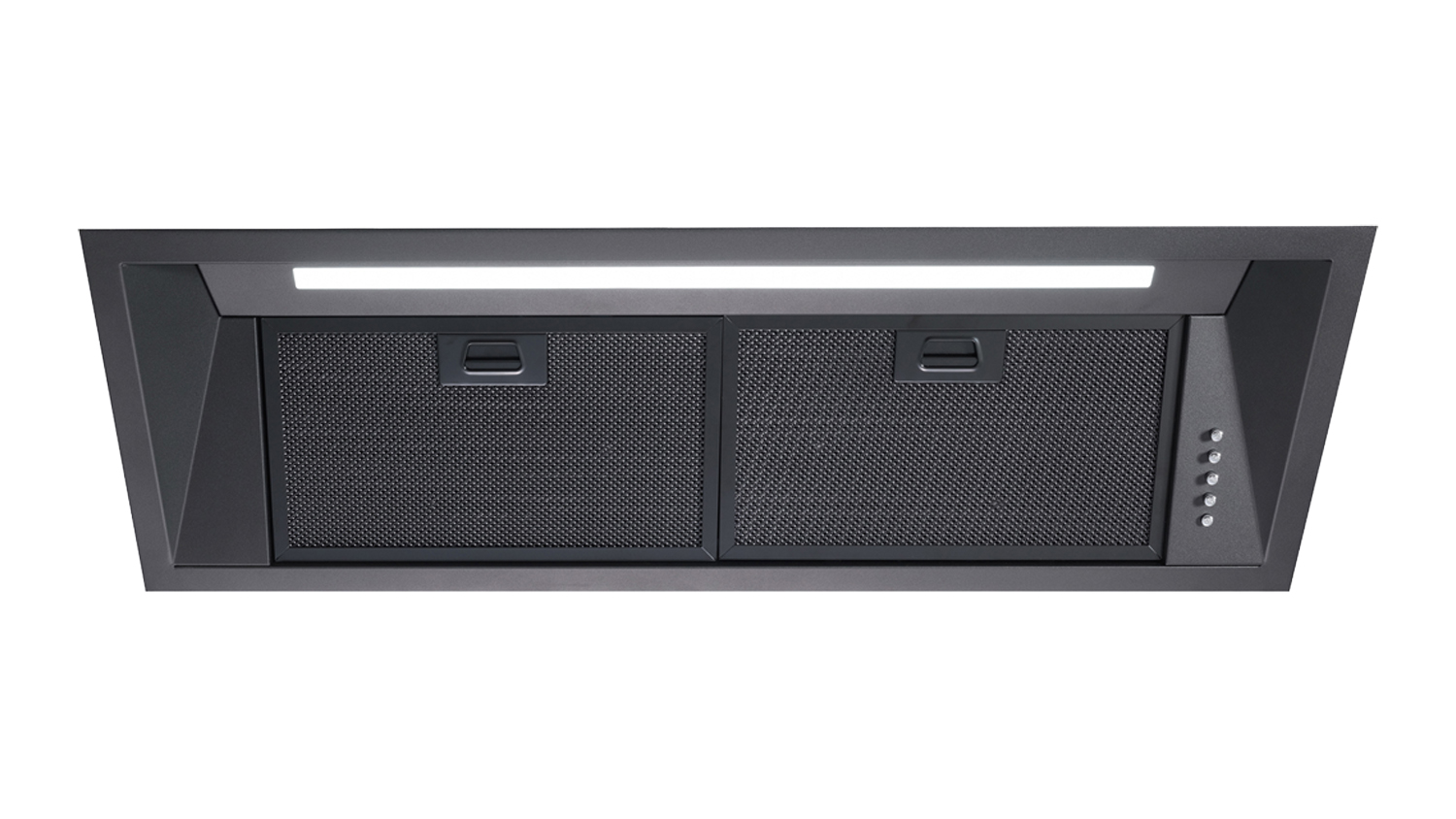 A black undermount rangehood with dual mesh filters, slim LED light strip, and push button controls