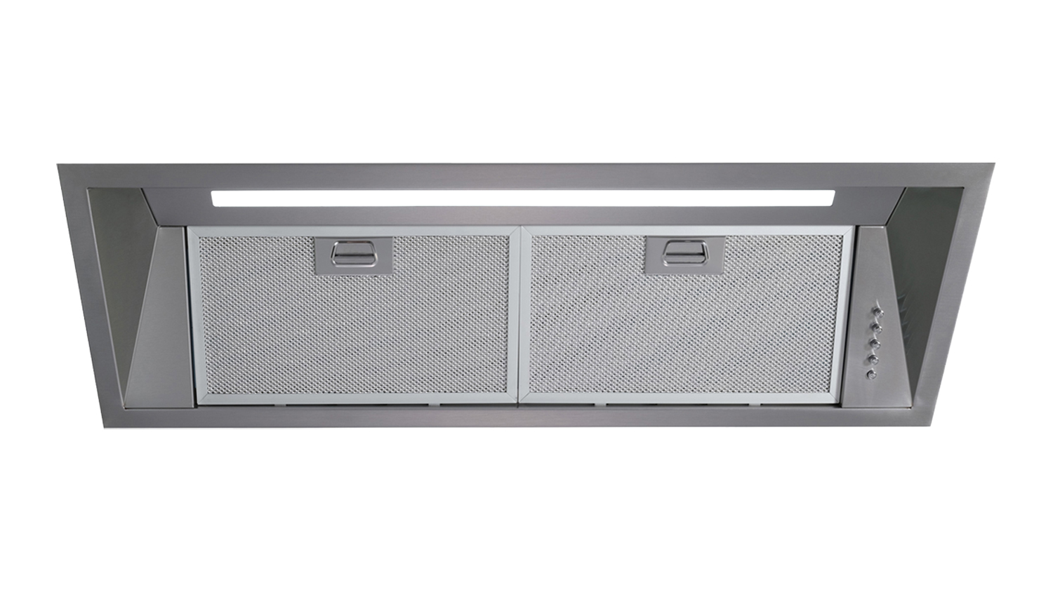 A stainless steel undermount rangehood with dual mesh filters, slim LED light strip, and push button controls